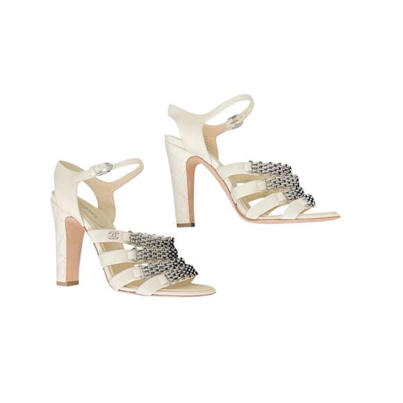 Chanel Lambskin Chain-Link Pearl Logo Sandals Size 38 US 8 - Picture 2 of 9